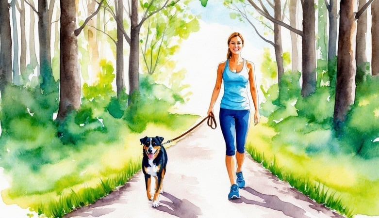 A healthy woman walking her dog in the forest.