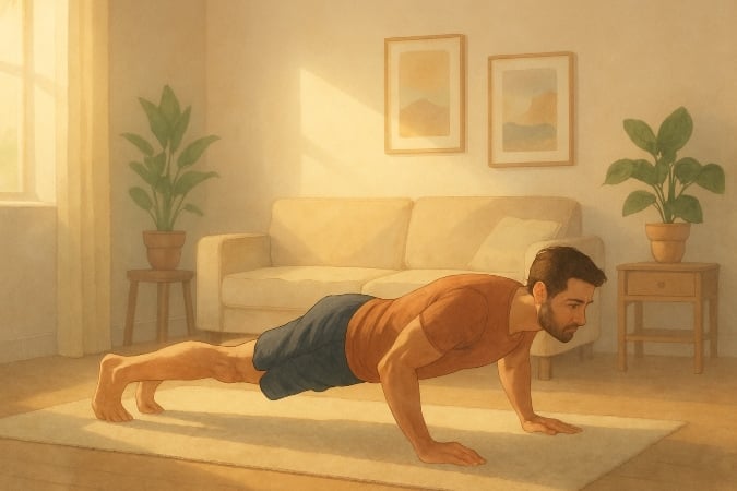 A man doing pushups in his living room.