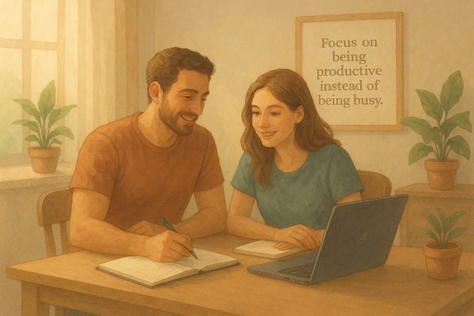 A man and woman working together in a home office.