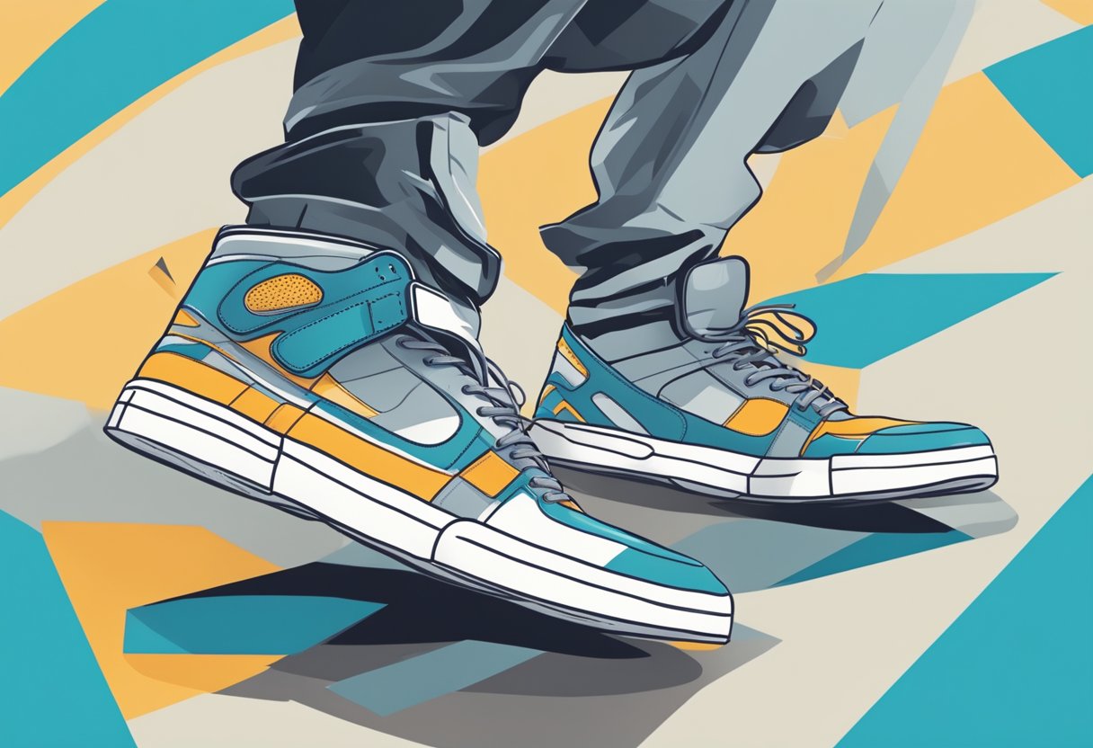 A pair of sneakers placed on the ground, with one foot stepping forward and the other foot in mid-air, as if in motion