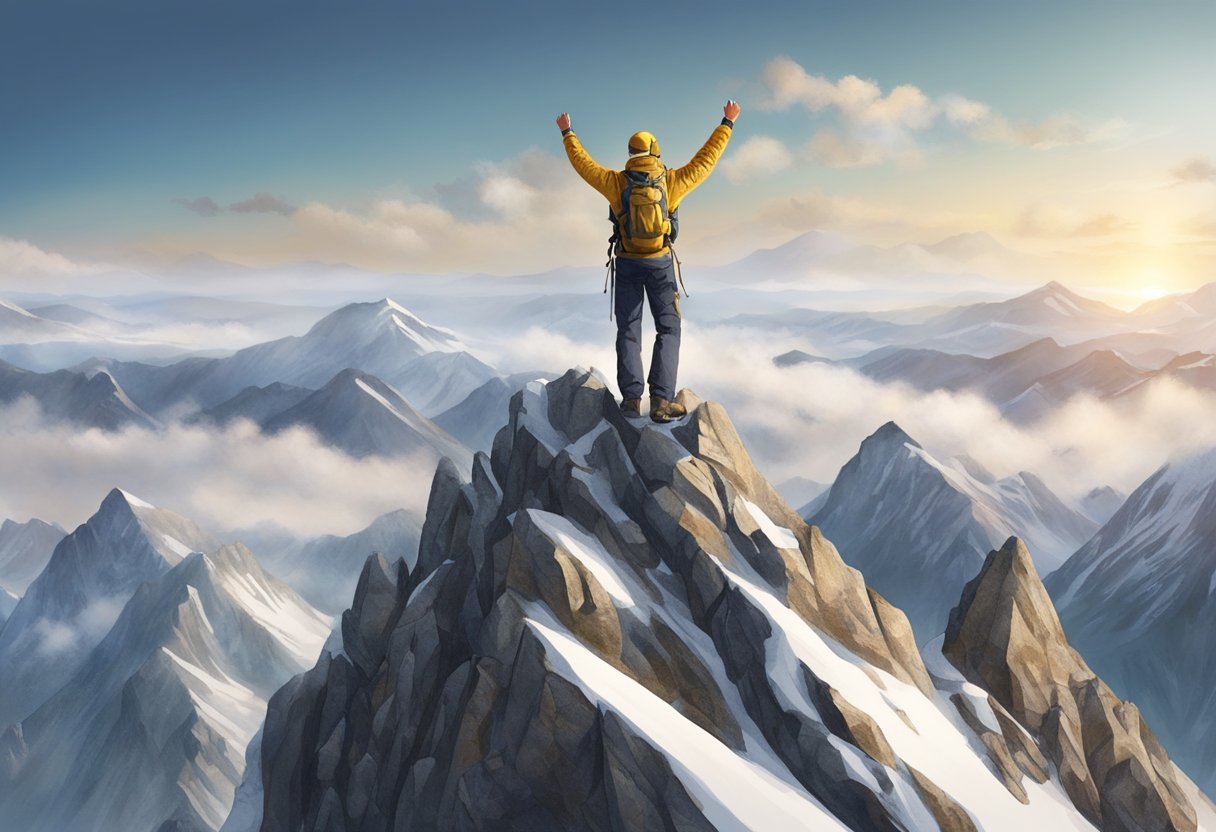 A mountain climber reaching the summit, arms raised in victory