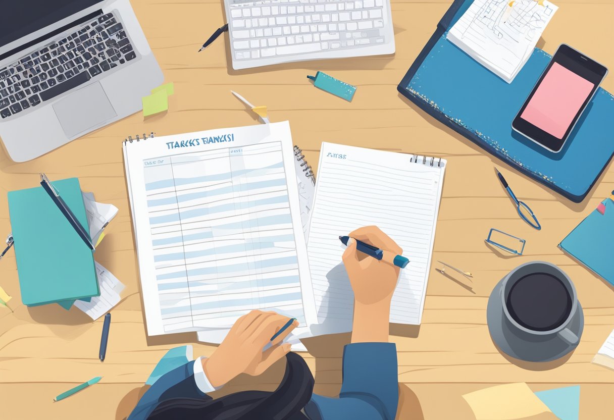 A person sitting at a desk with a to-do list, crossing off tasks one by one