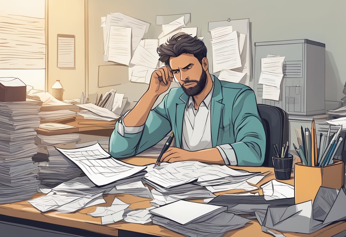 A cluttered desk with a clock, crumpled papers, and a crossed-out to-do list. A person sits with a determined expression, pen in hand, ready to take action