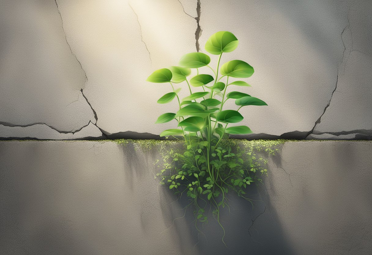 A lush green plant growing from a crack in concrete, reaching toward the sunlight, surrounded by smaller sprouts