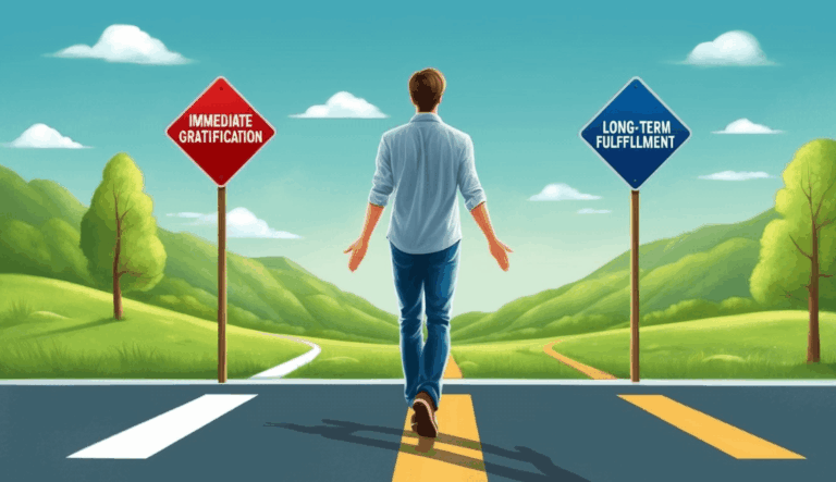 A man thinking about how to control his impulses. He's on a road with two signs representing immediate gratification and impulse control.