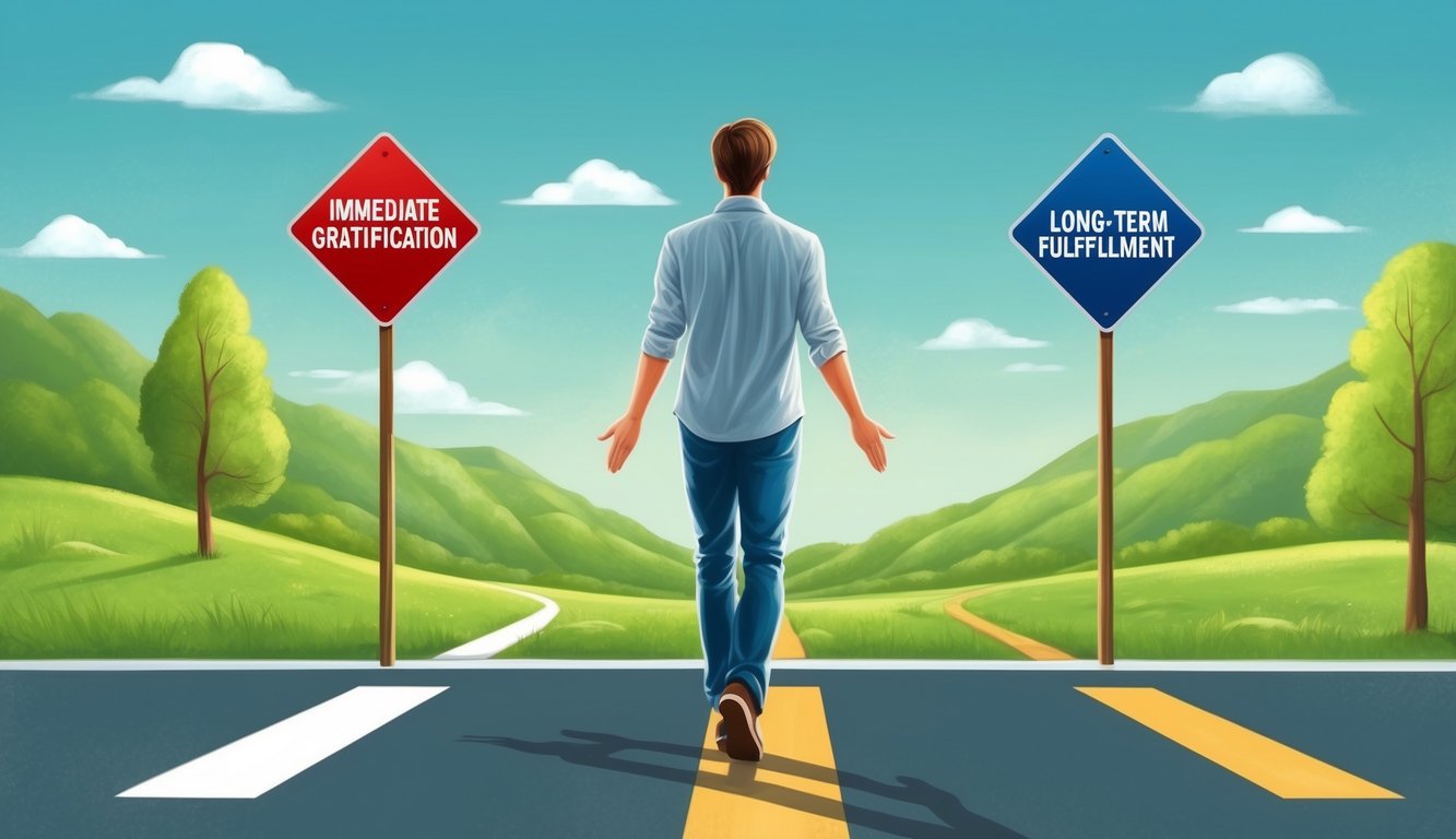 A person standing at a crossroads, with one path leading to immediate gratification and the other to long-term fulfillment