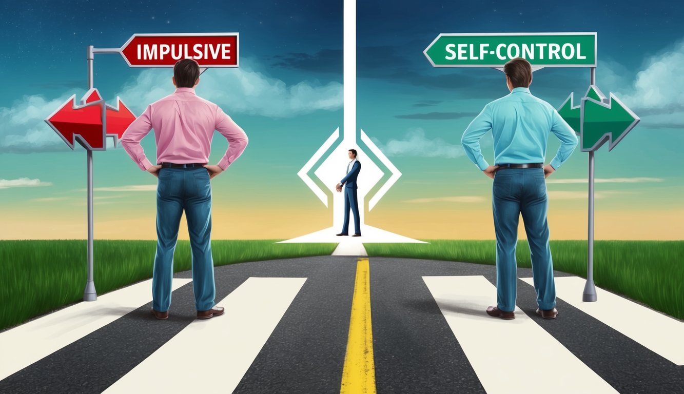 A person standing at a crossroads, with one path leading to impulsive actions and the other leading to self-control