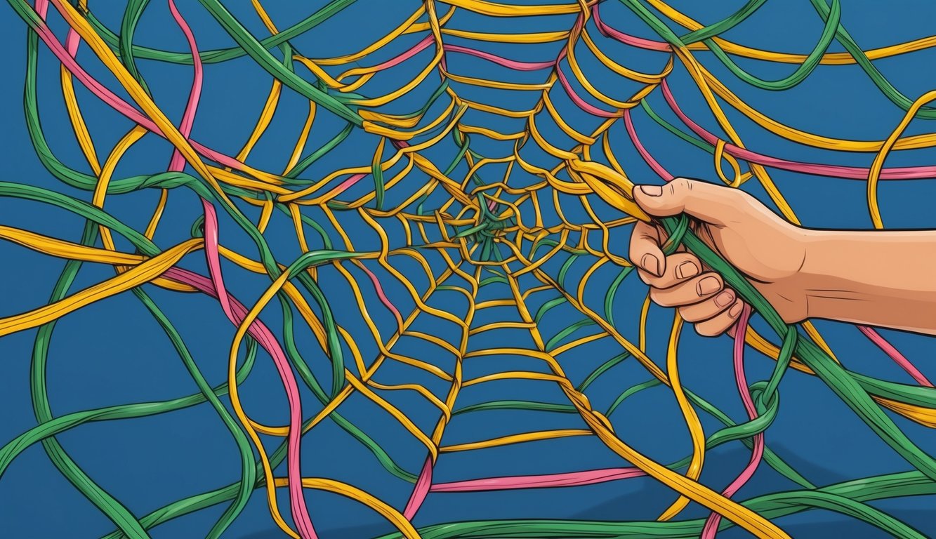 A tangled web of colorful, twisting vines symbolizing impulsive behavior, with a sturdy hand reaching out to control and untangle them
