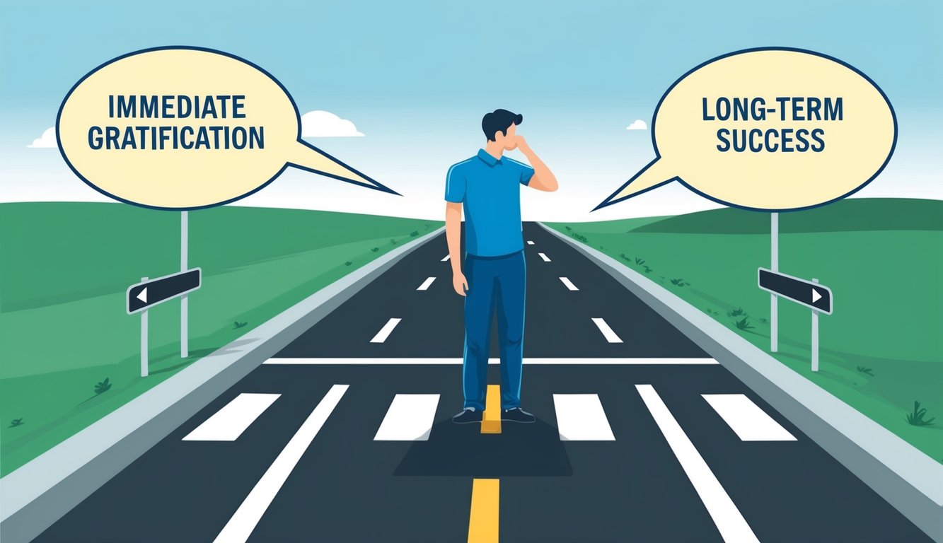 A person standing in front of a fork in the road, one path leading to immediate gratification and the other to long-term success. The person is shown contemplating their options, with a clear struggle to control their impulses