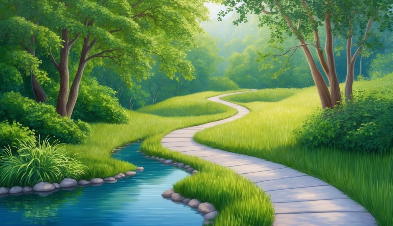 A serene nature scene with a winding path leading to a peaceful, secluded spot, surrounded by lush greenery and calming water features