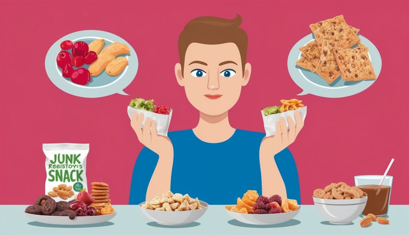 A person resisting temptation by choosing healthy snacks over junk food