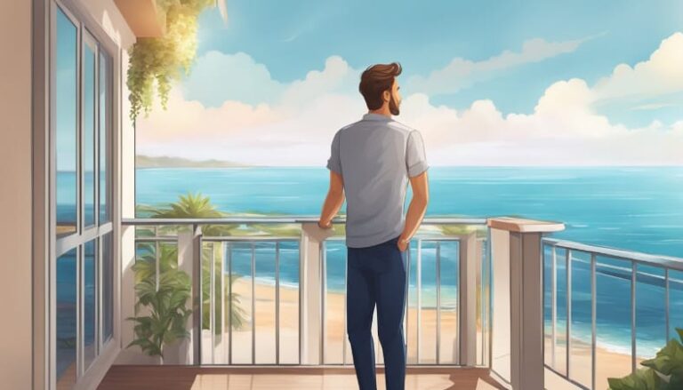 A man on a balcony looking at a nice ocean view.