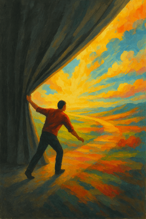 A man pulling back a curtain to see a bright new world.