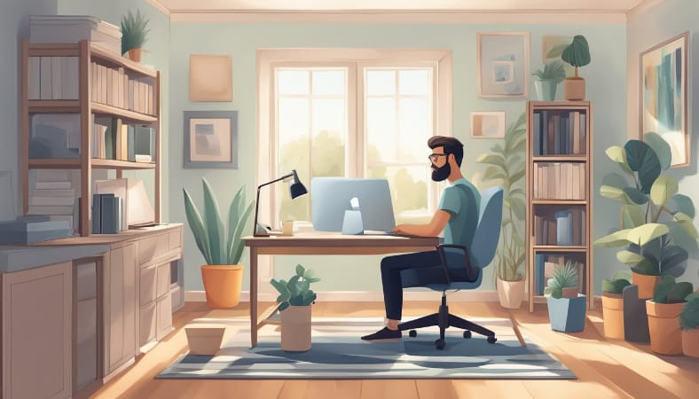 A man sitting at his home office desk doing some computer work.