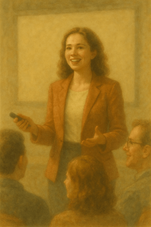 A woman giving a presentation in a room.