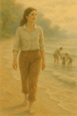 A woman walking on a sandy beach with a family playing in the background.