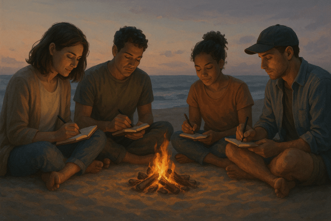 A group of friends writing summer goals in their journals while sitting around a fire at the beach. 