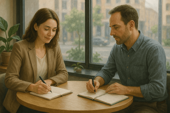 A female accountability coaching is helping her male client while at a cafe. 