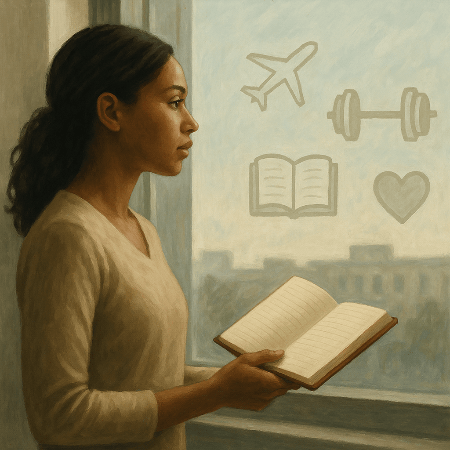 A woman thinking about her goals which are representing as floating icons on a window: health, travel, exercise, reading.