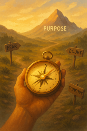 A hand holding a compass with some hills in the background.