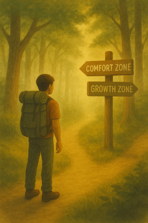 A man with a backpack on a hiking path choosing which direction to go.