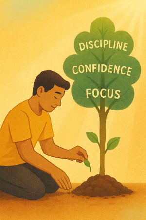A man tending to a tree with the words "discipline", "confidence" and "focus" labeled on the leaves.