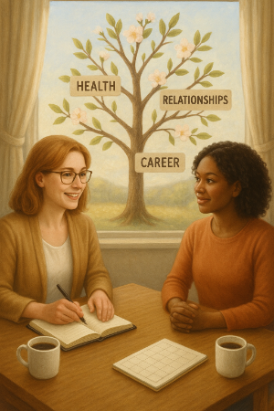 A personal development coach helping her client while sitting at a table.