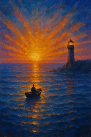 A small boat moving towards a beautiful sunset.
