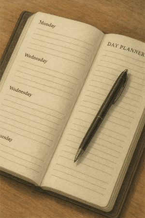 An open day-planner with a pen lying on the page.