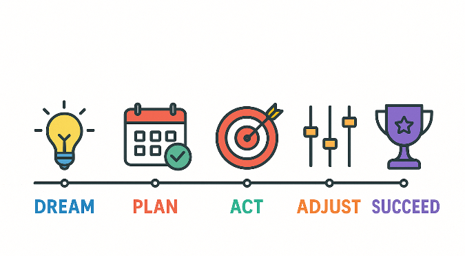 Goal-related icons with text that says, "dream", "plan", "act", "adjust", "succeed".