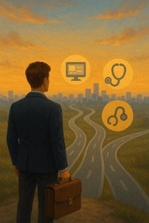 A man with a briefcase looking at a view of the city. In the sky, there are icons representing career paths in life. 