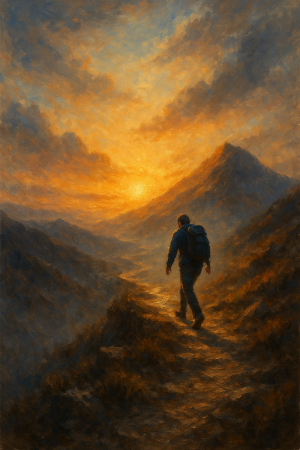 A man hiking on a path with mountains in the background. 