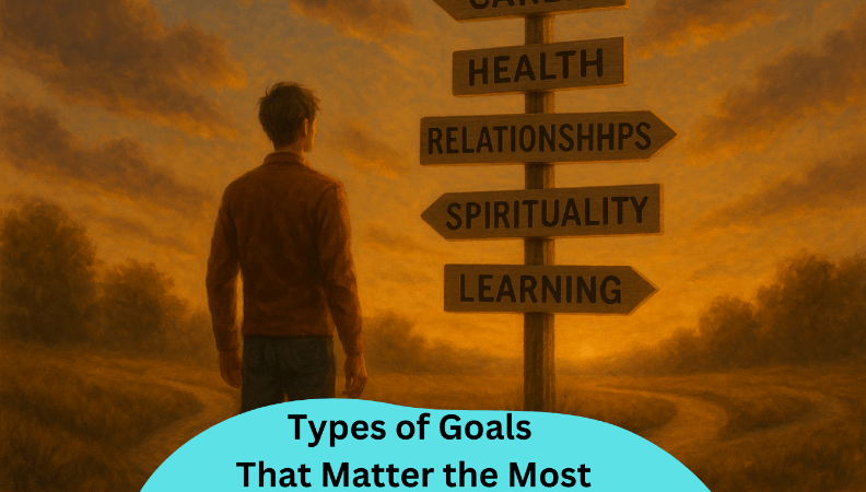 A man looking at types of goals on a signpost.