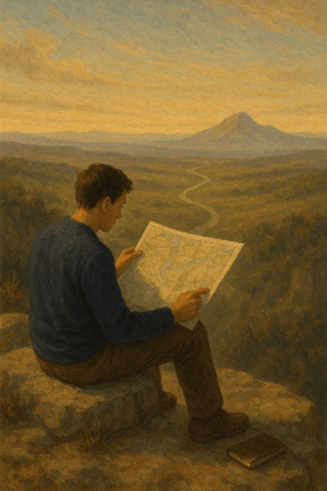 A man looking at map to decide which direction to go. There's a path and a mountain in the distance. 