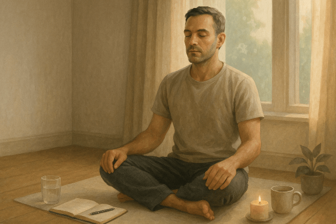 A man meditating on the floor of his living room. 