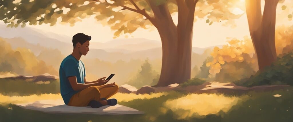 A man out in nature looking at his phone.