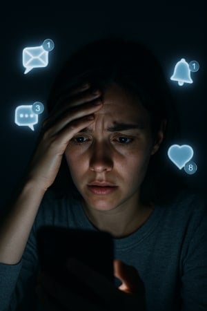 A man stressed out by too many phone notifications.