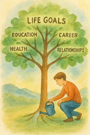 A man watering a tree that represents "Life Goals". 