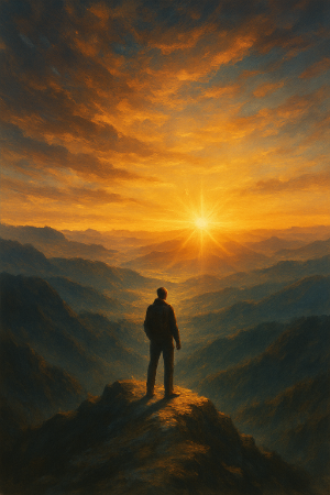 A man on a mountain looking at the sunset.