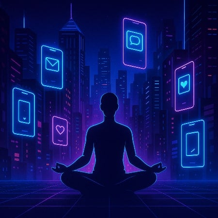 A meditating figure with floating phone icons.