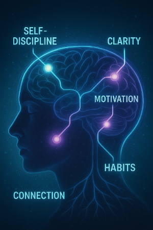 A diagram of someone's mind with text, "self-discipline", "clarity", "habits", "connection" and "motivation".