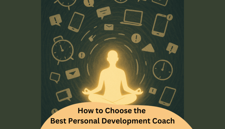 A person meditating with floating icons behind them representing personal development.