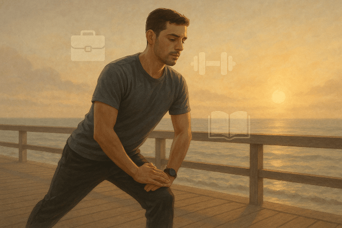A man stretching before a jog during nice summer weather.