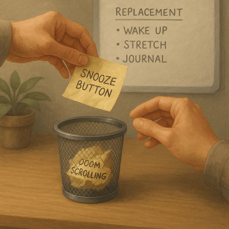 A hand throwing a sticky note into a small garbage container. The note says "snooze button". There is a whiteboard with positive habits written on it.