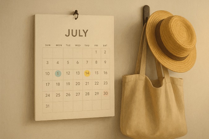 A wall calendar with a summer hat and summer bag hanging on a hook.