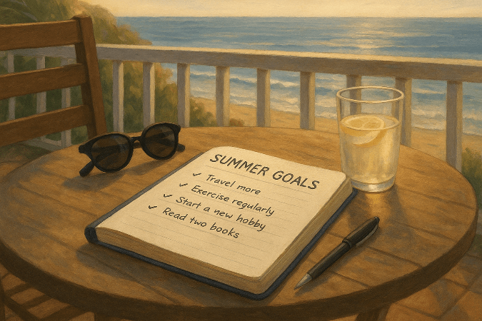Summer goals written in a journal on a table overlooking the ocean.