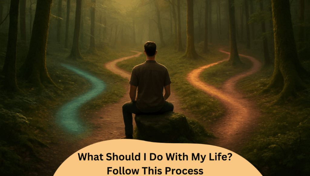 A man looking at a few paths in a forest. He's thinking "What should I do with my life?"