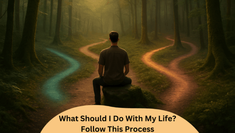 A man looking at a few paths in a forest. He's thinking "What should I do with my life?"