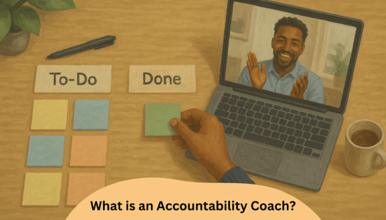 An accountability coach appearing on an app on a laptop. On the client's desk, there are some productivity sticky notes.