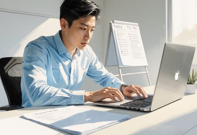 A man working on a laptop.